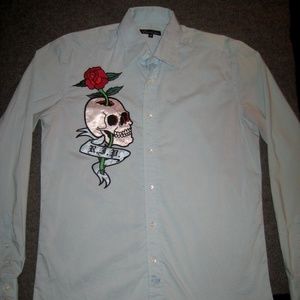 EDWARD DADA "RIP" Skull Rose Blue Button-Up Shirt